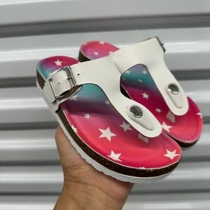 Yoki White Thong Sandals with Pink and Teal Star Footbed